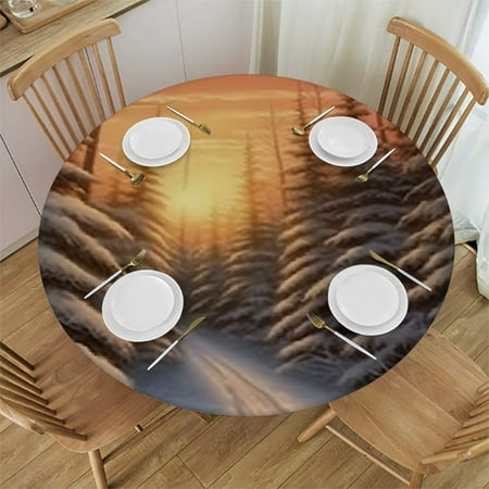 

SHERONV Snowy Forest Sunset Path Round Tablecloth Stain-Resistant Indoor Outdoor Dining Wedding Party 100% Polyester Fiber Outdoor Picnic Camping Full Width Single-Sided Printing 54 -58