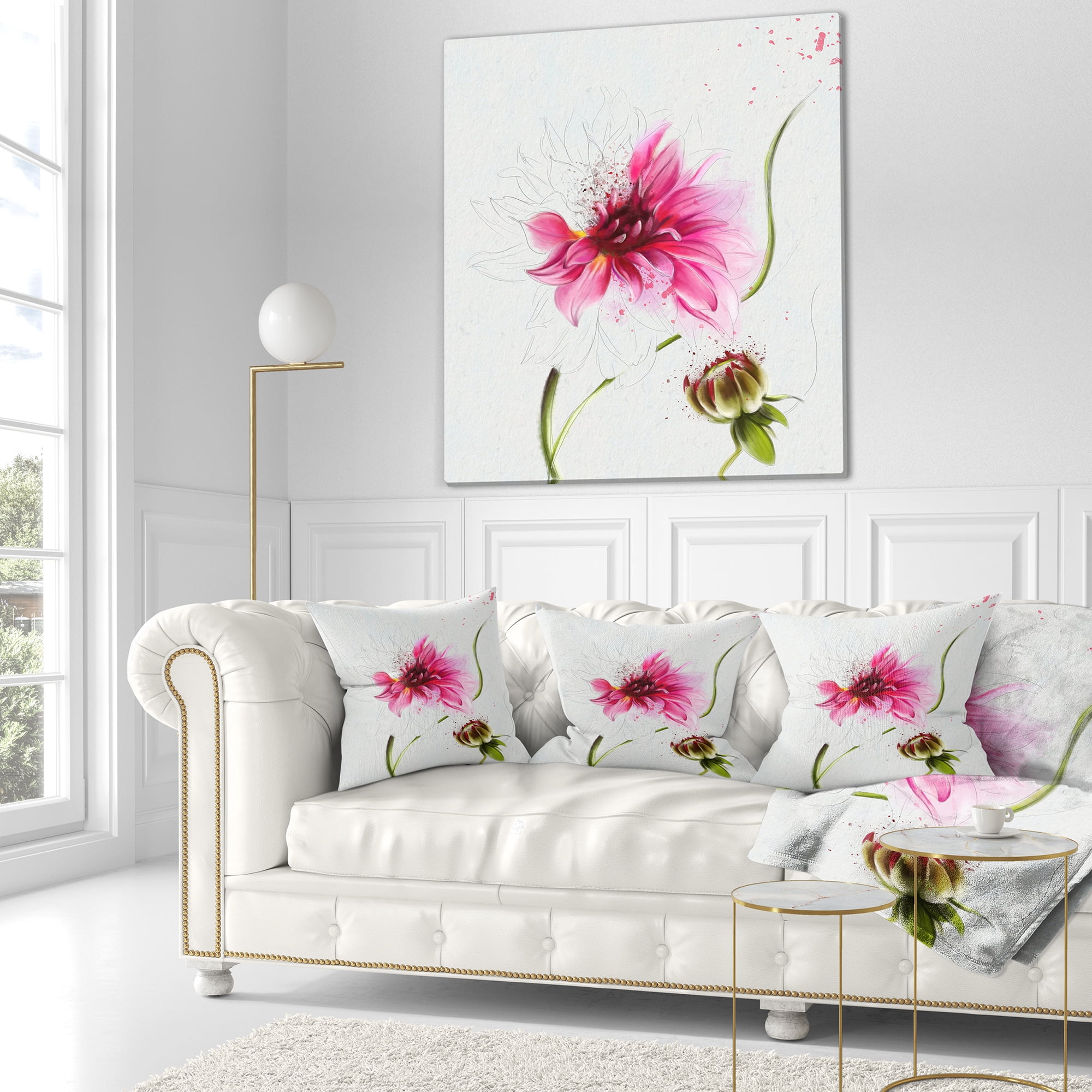 Designart Pink Flower with Stem and Bud - Floral Throw Pillow - 18x18