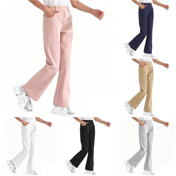 RUTAYY Girls Flare Pants Elastic Waist with Pockets Trousers Pull On Straight Leg Long Trousers Pink
