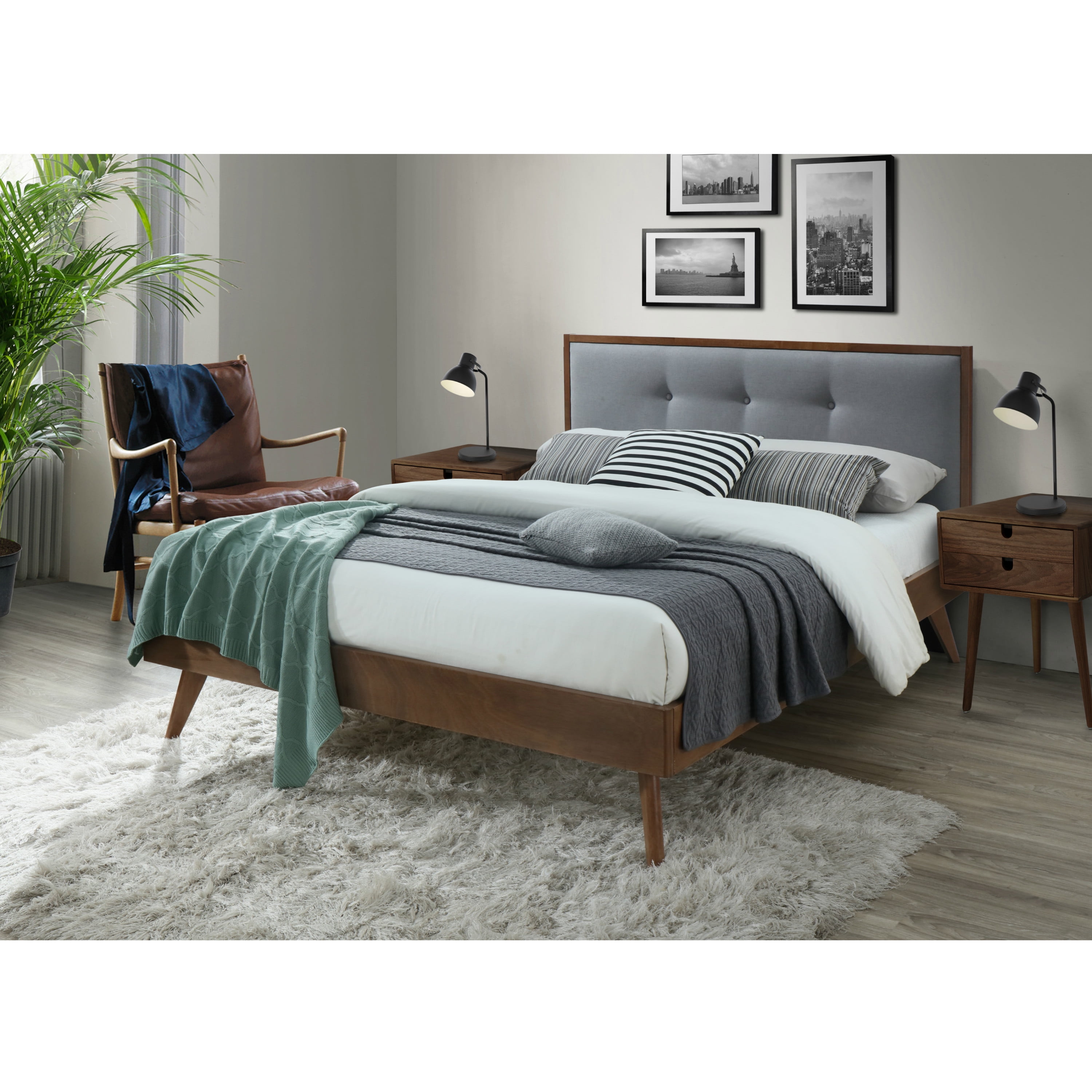 Dg Casa Montana Mid Century Modern Platfrom Bed Frame With Tufted Upholstered Headboard Queen Size In Grey Fabric Walmart Com Walmart Com