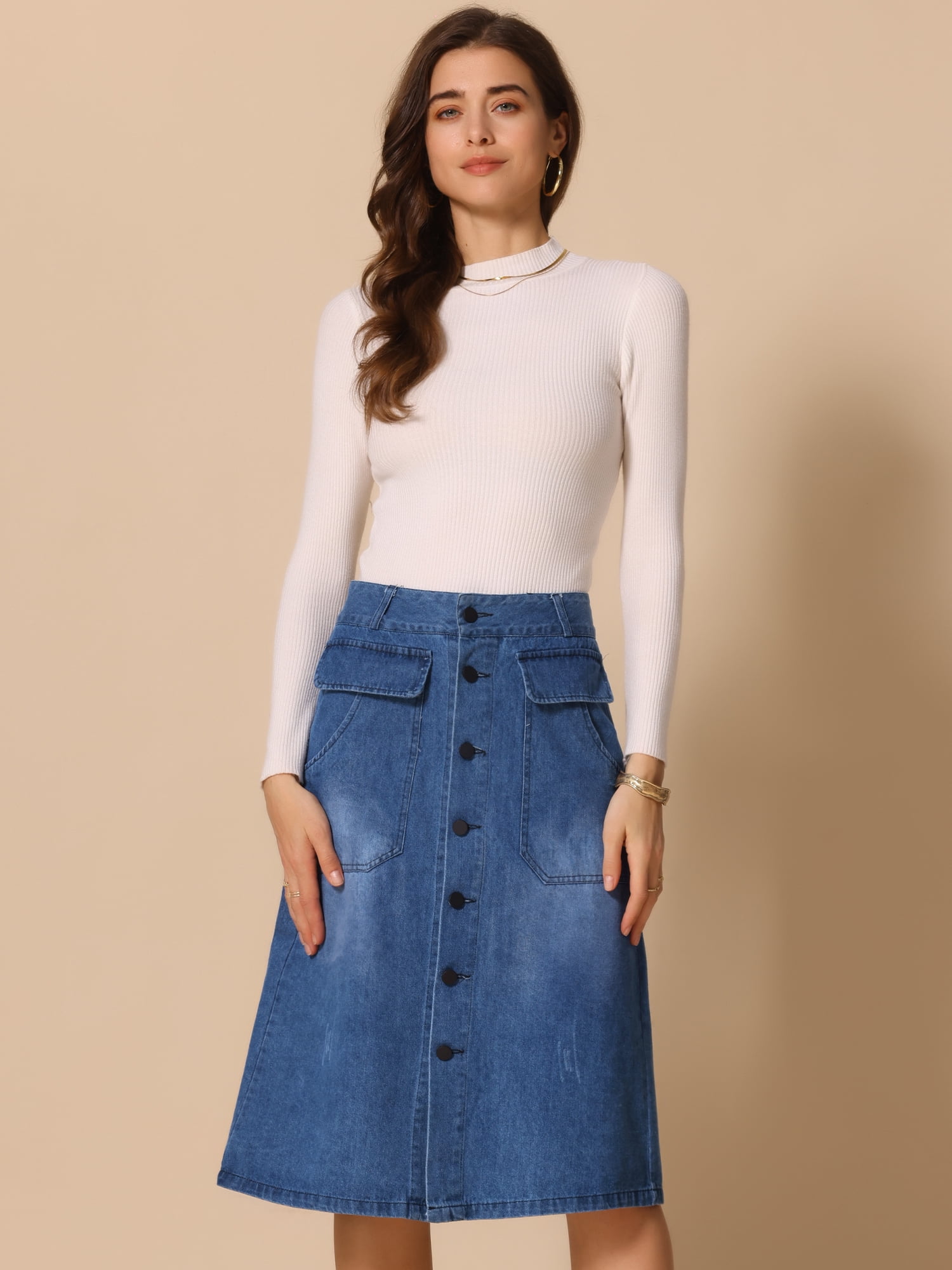 DARING DIVA Women's A-Line Button Front High Waist Midi Denim Skirts XS Blue