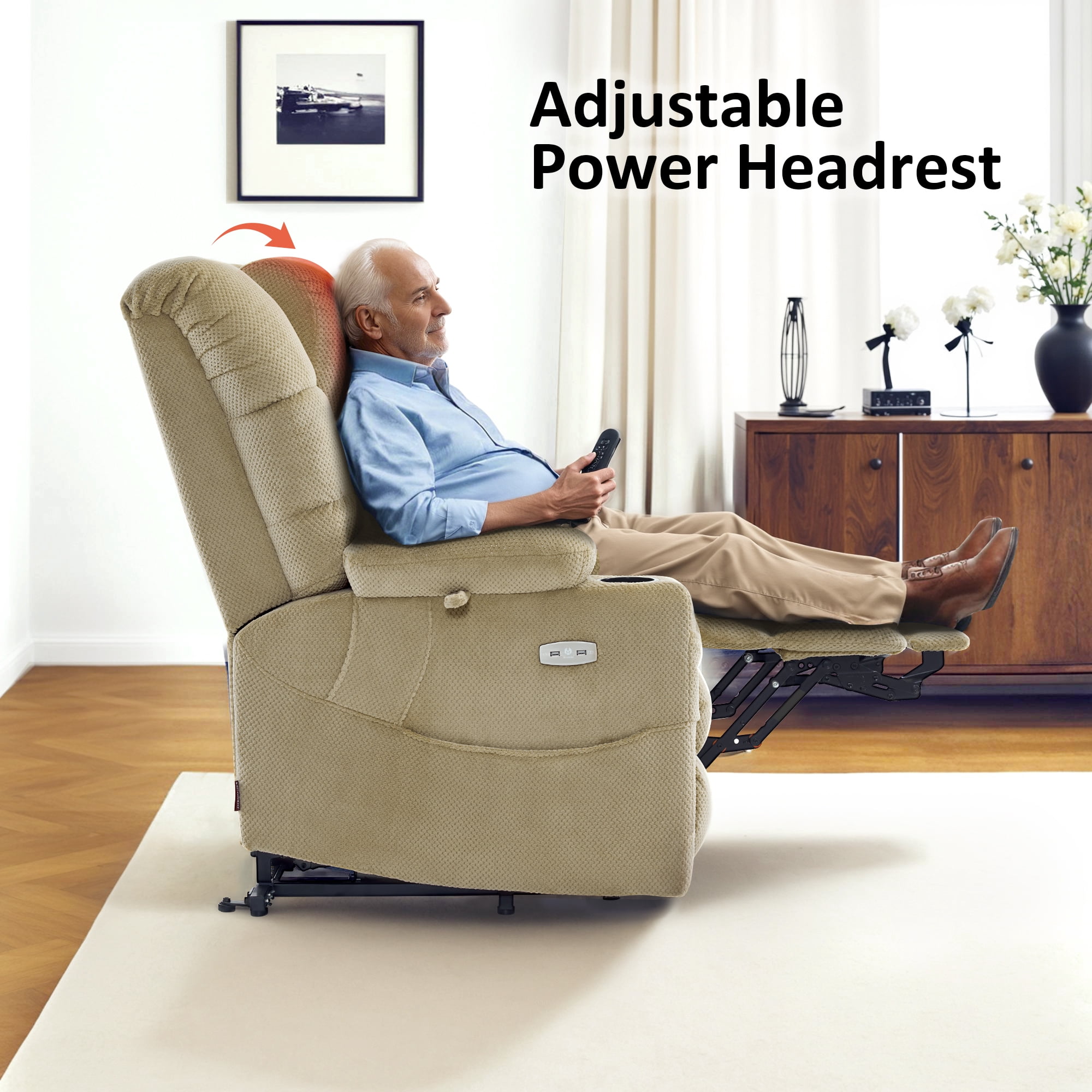 MCombo Large Triple Motor Power Lift Recliner for Big Tall Elderly, Fabric, Beige