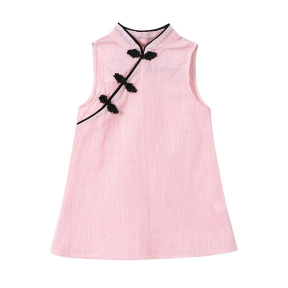 Povozer Todder Girls Chinese Outfit Solid Color New Year Dresses with Tray Button(Pink,3-4Y)