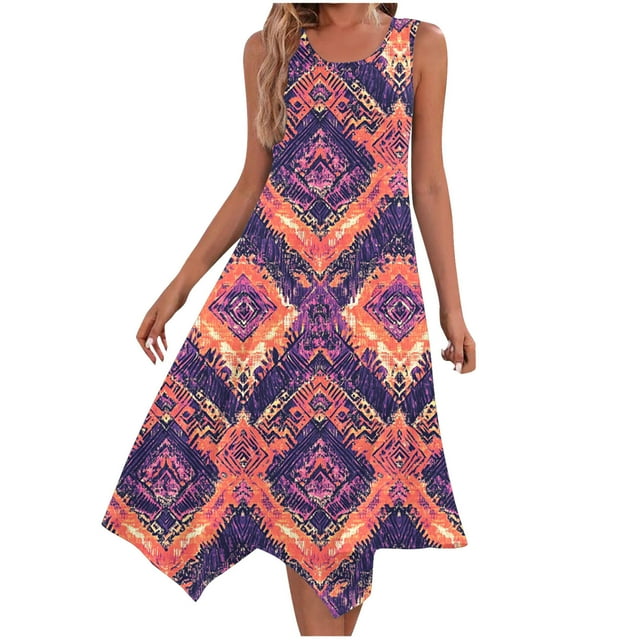 Staron Robe Femme Liquidation à Moins de 10$ Boho Col Rond Ample Fluide Printemps Été avec Poche 2025 Vacances Ourlet Irrégulier Sans Manches Robe Débardeur