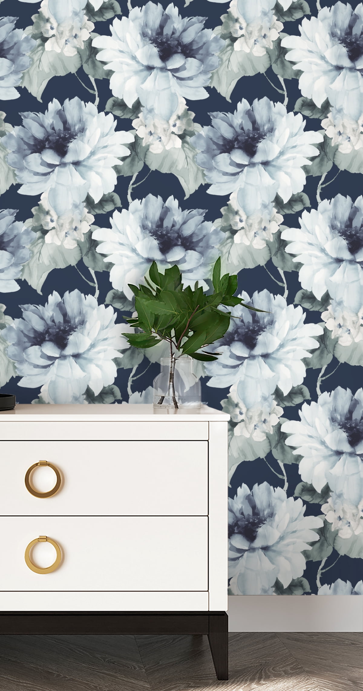 NextWall Harry & Grace Watercolor Floral Peel and Stick Wallpaper 20.5 in. W x 18 ft. L - Navy Blue & Slate Green