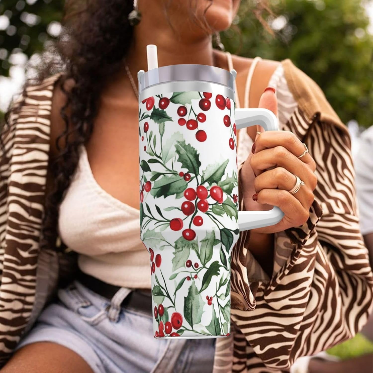 Christmas Holly 40 Oz (1200 ml) Insulated Coffee Tumbler with Handle and Straw Lid, Reusable Stainless Steel Travel Mug Cup for Women Men Party Birthday Gifts