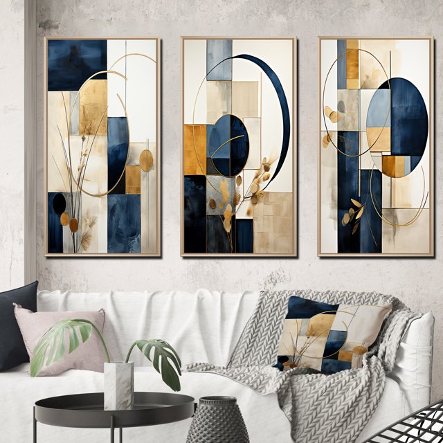 Designart "Navy Blue Organic Minimal Geometry II" Modern Geometric Framed Wall Art Set Of 3 - Yellow Abstract Frame Gallery Wall Set For Home Decor