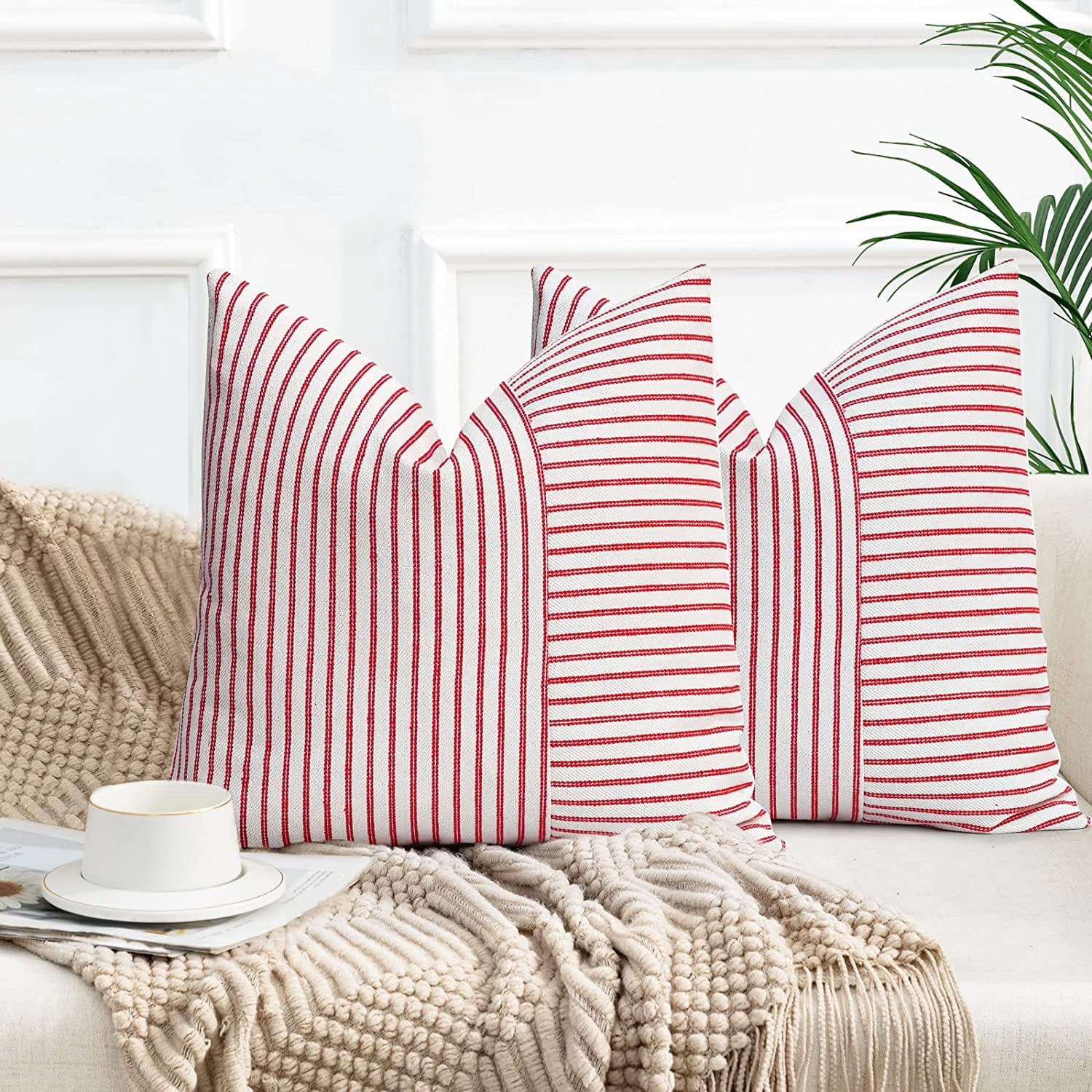 2 Housses De Coussin 30x50 Cm En Coton Et Lin Rayé Beige/noir – Style Moderne Et Ferme Pour Canapé, Lit Ou Déco D'intérieur