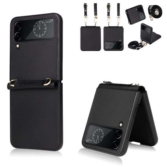 Allytech Crossbody Case for Samsung Galaxy Z Flip 3 5G Cell Phone (2021) 6.7 inch with Detachable Shoulder Strap Lanyard PU Leather Full Body Shockproof Slim Lightweight Thin Protective Cover, Black