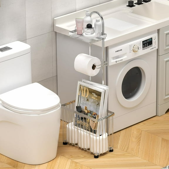 Freestanding Toilet Paper Holder with Storage Shelf for Phone, Tablet, Magazine - Silver