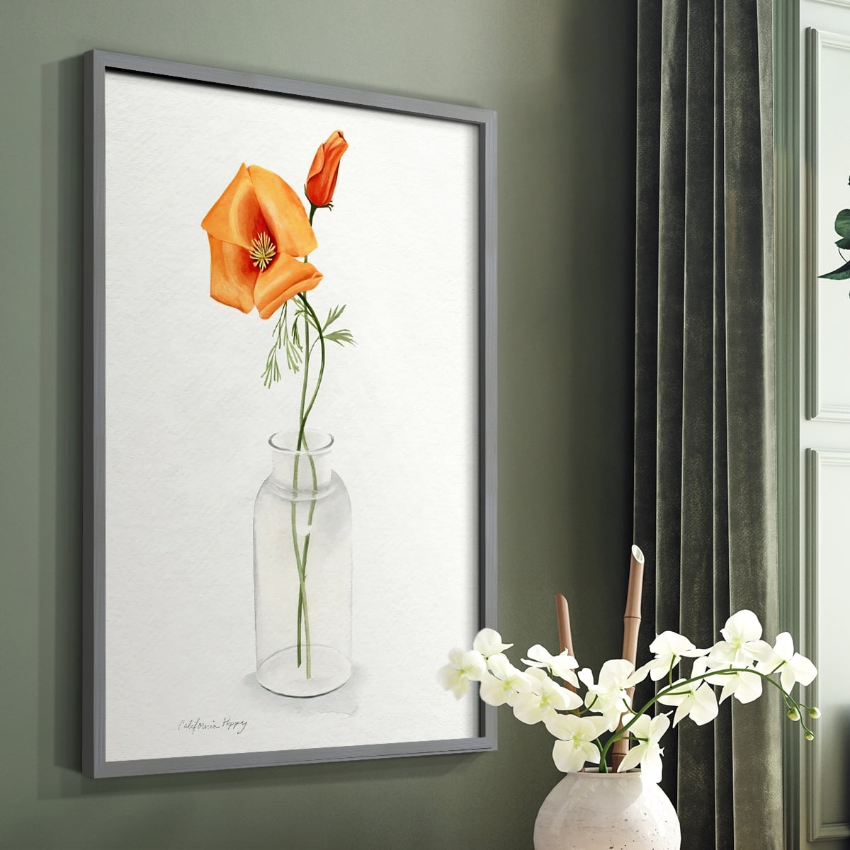 California Poppy Vase I Framed Print in Gray Solid Wood Framed Print No Nail Hanging