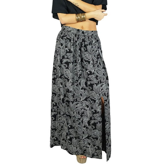 Bimba Women Long Black Skirt Printed with Slit Polyester Cotton Bohemian Style Wrap