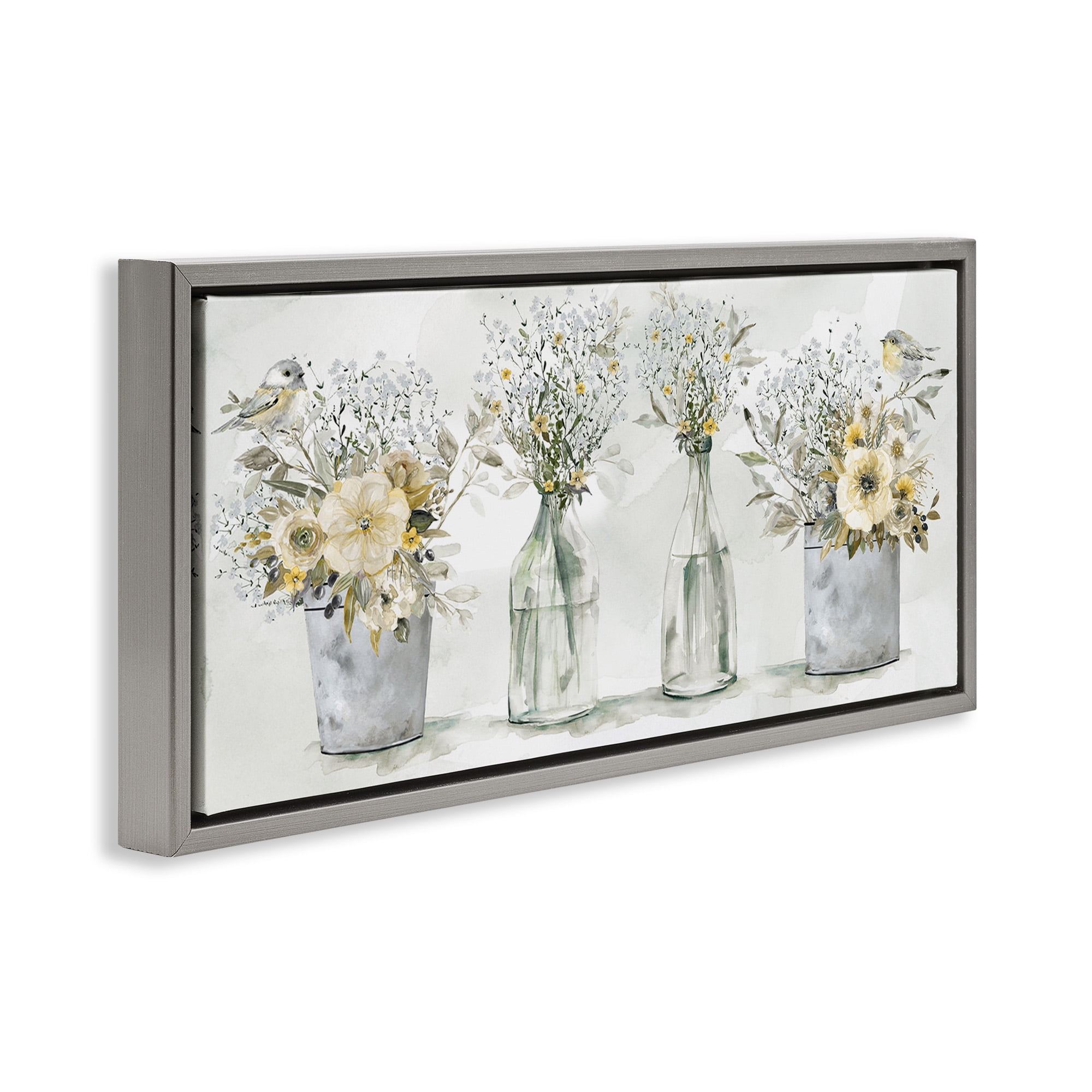 Stupell Industries Songbirds with Floral Bouquets Botanical & Floral Painting Gray Floater Framed Canvas Art Print Wall Art, 25 x 11