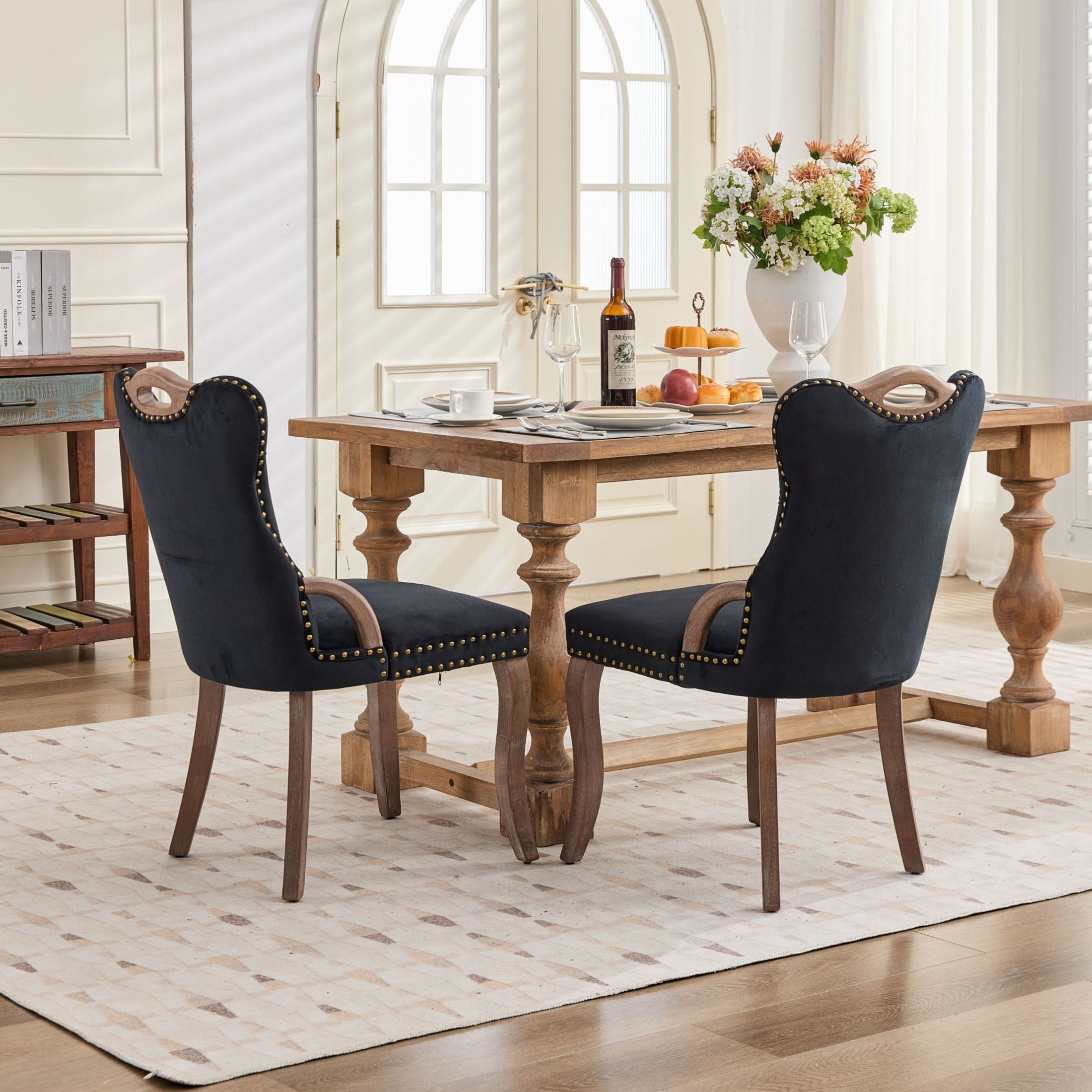 GDF Studio Set of 2 Dining Chairs with Tufted Velvet Upholstery, Copper Nailhead Trim, Black