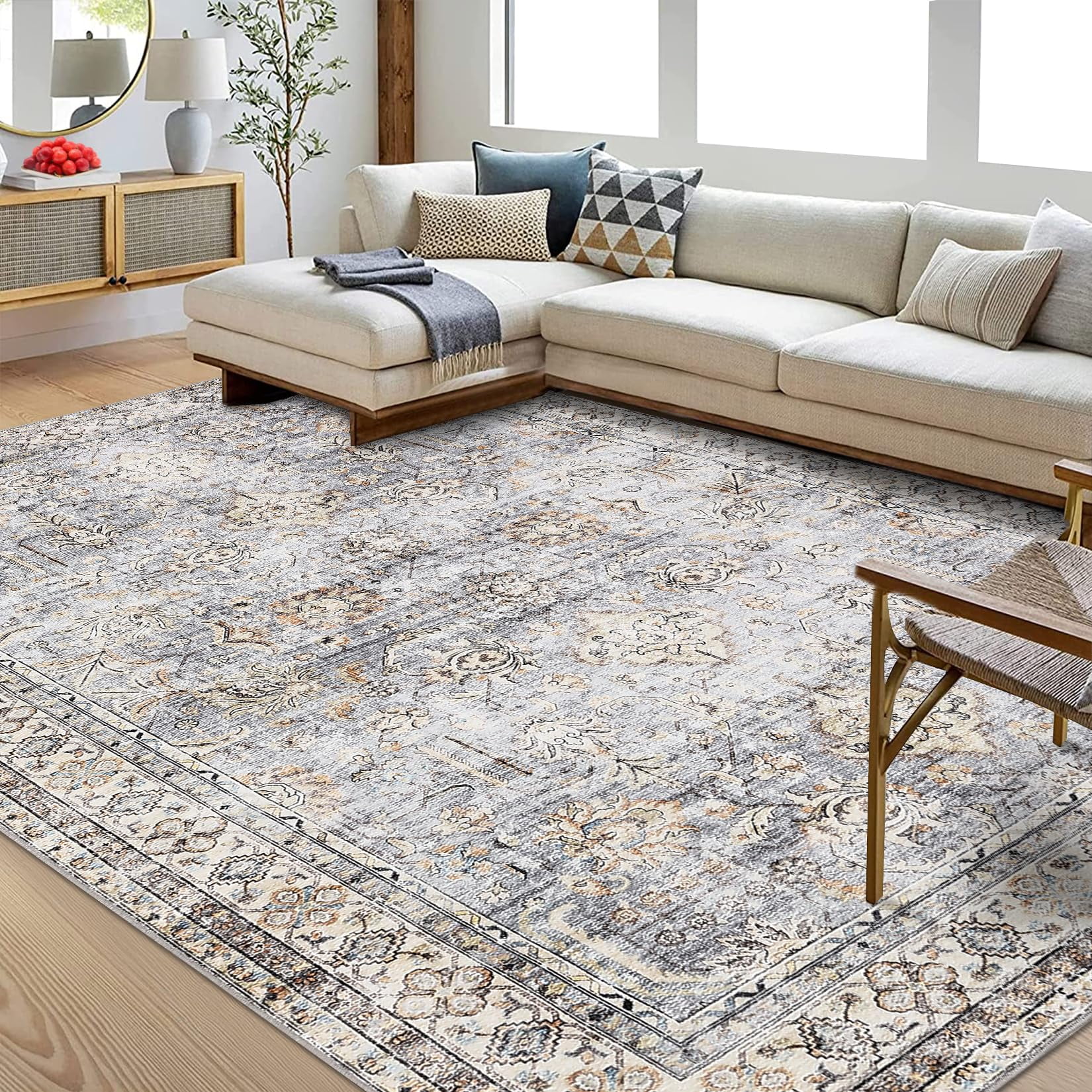 Tapis Coureur Oriental Vintage à Motif Floral, Style Tribal, Beige, Antidérapant, à Poils Courts, Lavable, pour Intérieur, Salle à Manger