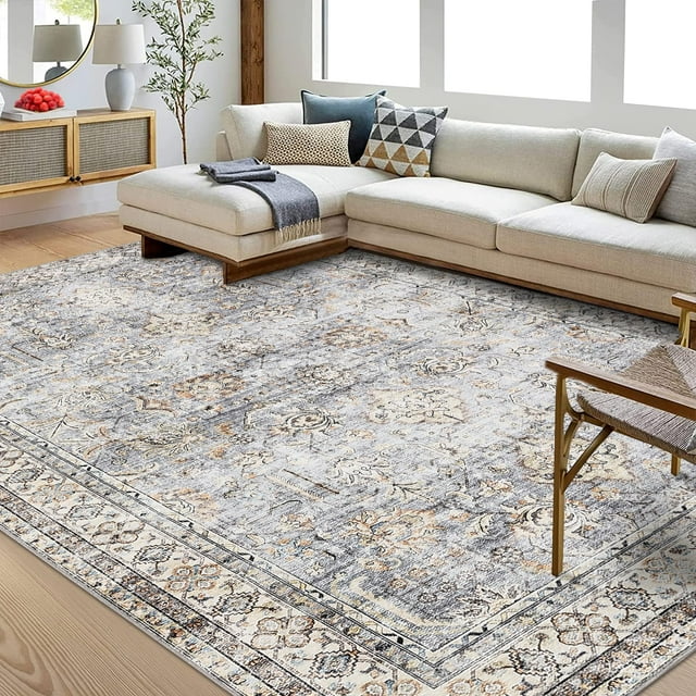 Vintage Oriental Floral Runner Rug, Tribal Style, Beige, Non-Slip, Low Pile, Washable, Indoor Use, Dining Room