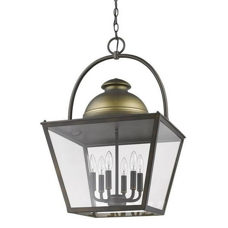 

28.75 x 18 x 18 in. Savannah 6-Light Oil-Rubbed Bronze Foyer Pendant with Raw Brass Accents & Clear Glass Panes