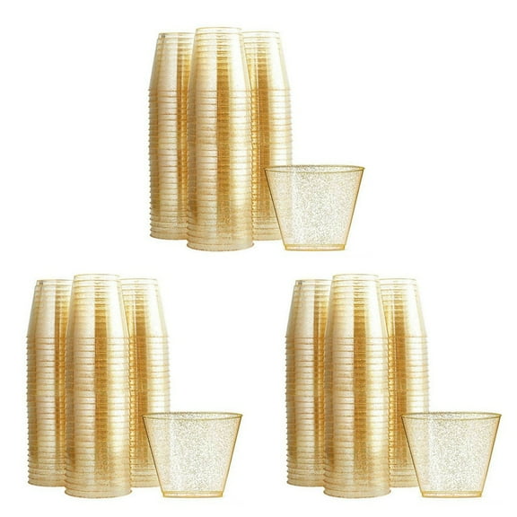 Gold Plastic Cups Clear Plastic Wine Glasses, Fancy Disposable Hard Plastic Cups with Gold Glitter for Party Cups 150Pcs