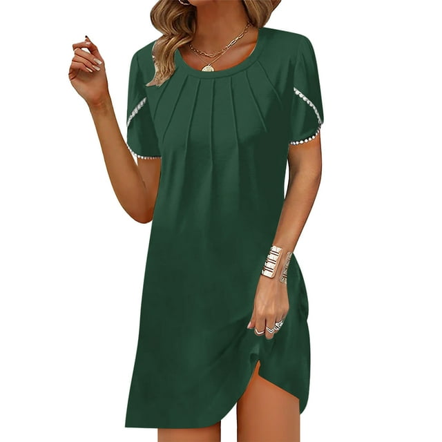 Gspmoly Robes d'Été pour Femmes, Nouvelle Robe d'Été Décontractée pour Femmes à Col Rond, Couleur Unie, Ample, Plissée à la Poitrine, à Manches Courtes, Robe de Soirée pour Femmes, Liquidation