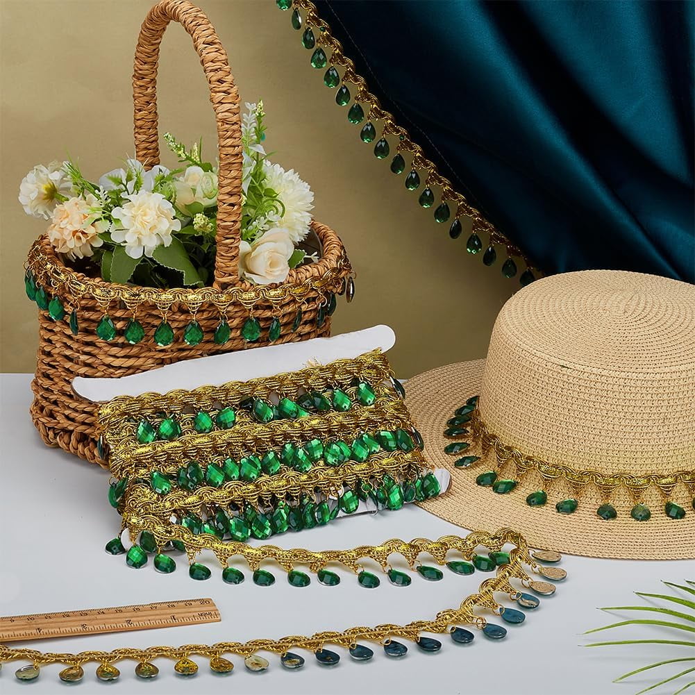 10 Yard Hanging Beads Fringe Lace 1.5 inch Wide Polyester Sewing Fringe Tassel Trim Gold Trim with Green Pendant for Sewing Cafts Wedding Party Decoration Golden 10yards