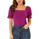 thumbnail image 1 of Blusa de manga abullonada transparente elegante para mujer Inspire Chic, tops de cuello cuadrado de verano, color púrpura, talla XS, 1 of 7