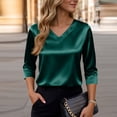 thumbnail image 6 of Women Silk Satin Tops Cap 3/4 Length Sleeve Blouse Summer V Neck Shirts Business Casual Outfits #01Green L, 6 of 6