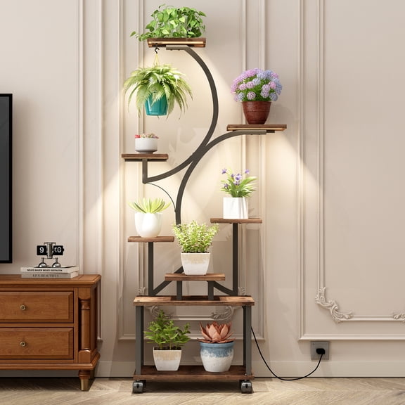Leumius Plant Stand with Grow Lights, 62" Tall Plant Shelf, Lighted Corner Plant Stands for Indoor Growing, 8 Tiered Large Flower Holder, S-Shaped Decorative Rack for Living Room Home Patio Brown