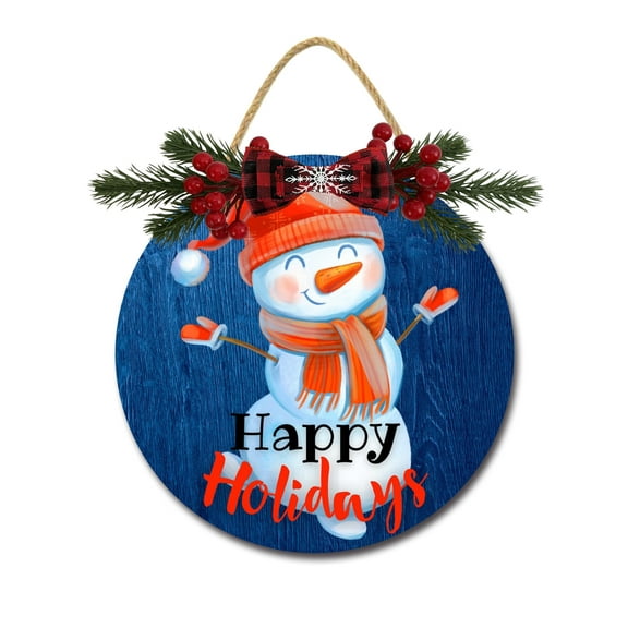 Happy Holidays Snowman Sign Front for Door Decoration, 12 in Round Wood Wreaths Wall Hanging Outdoor, Farmhouse, Porch, for Spring Summer Fall All Seasons Holiday Christmas