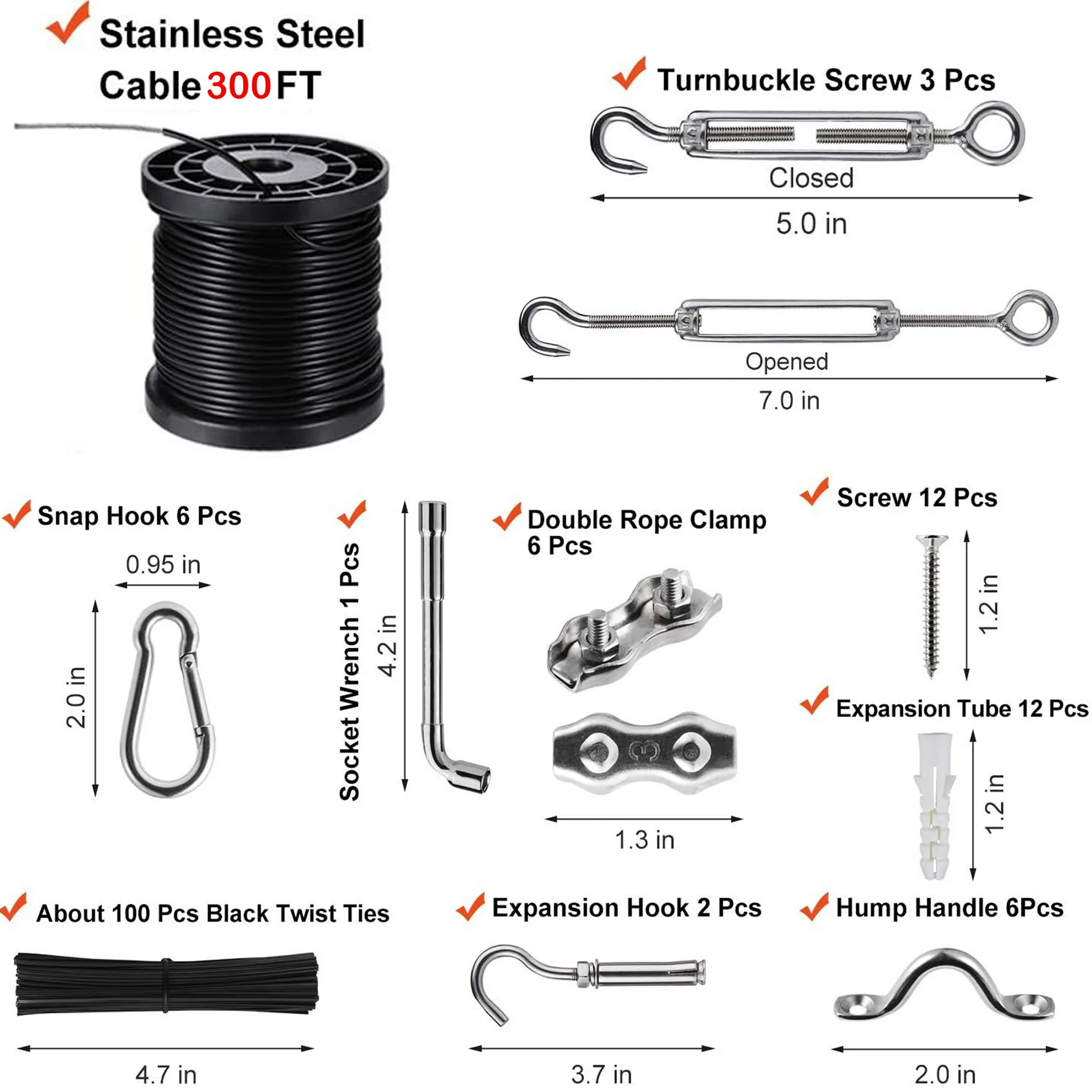 String Lights Hanging Kit, 300ft Nylon-Coated Stainless Steel Wire Rope Cable, Turnbuckle and Hooks
