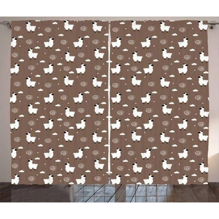 Set Cocoa Dots - Llama Curtains 2 Panels Set, Kids Nursery Design with Alpaca Furry Animal Clouds Polka Dot and Doodle, Window Drapes for Living Room Bedroom, 108W X 96L Inches, Cocoa White and Black, by Ambesonne