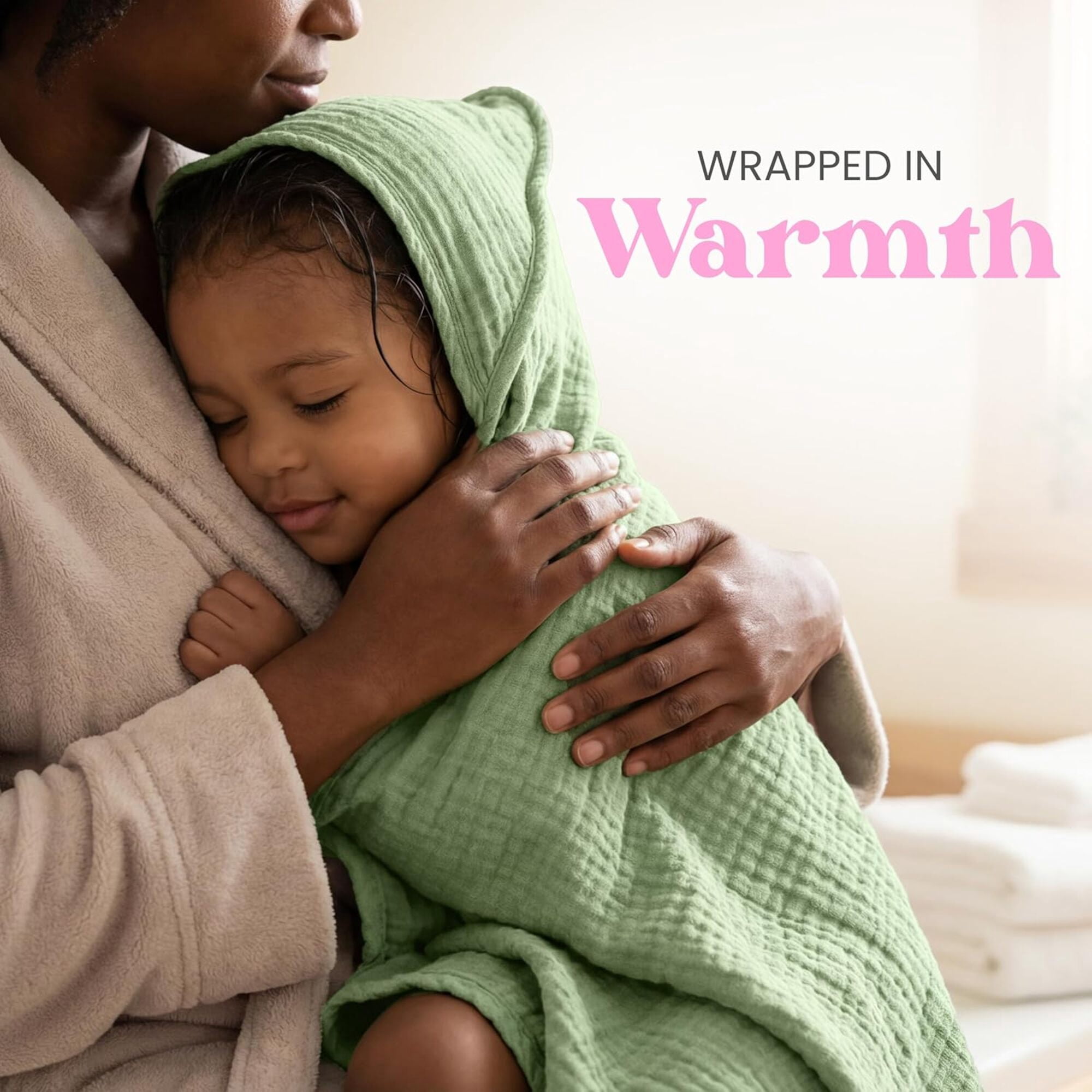 Mère & Moi: Muslin Hooded Baby Bath Towel – 2 Pack, Light & Dark Green - 30", Soft Cotton, Absorbent, Quick-Dry, Oeko-TEX, Pool-Water, Newborn-Toddler
