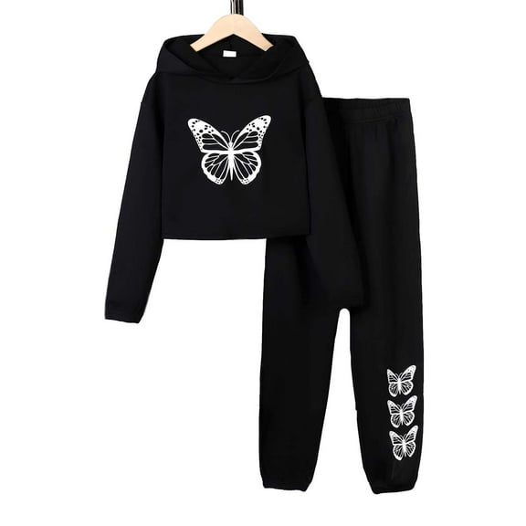 Kucnuzki 9T Little Girl Winter Outfits Pants Sets Little Girl Long Sleeve Cute Butterfly Prints Cropped Hoodie Sweatshirt Elastic Pants 2PCS Set Black