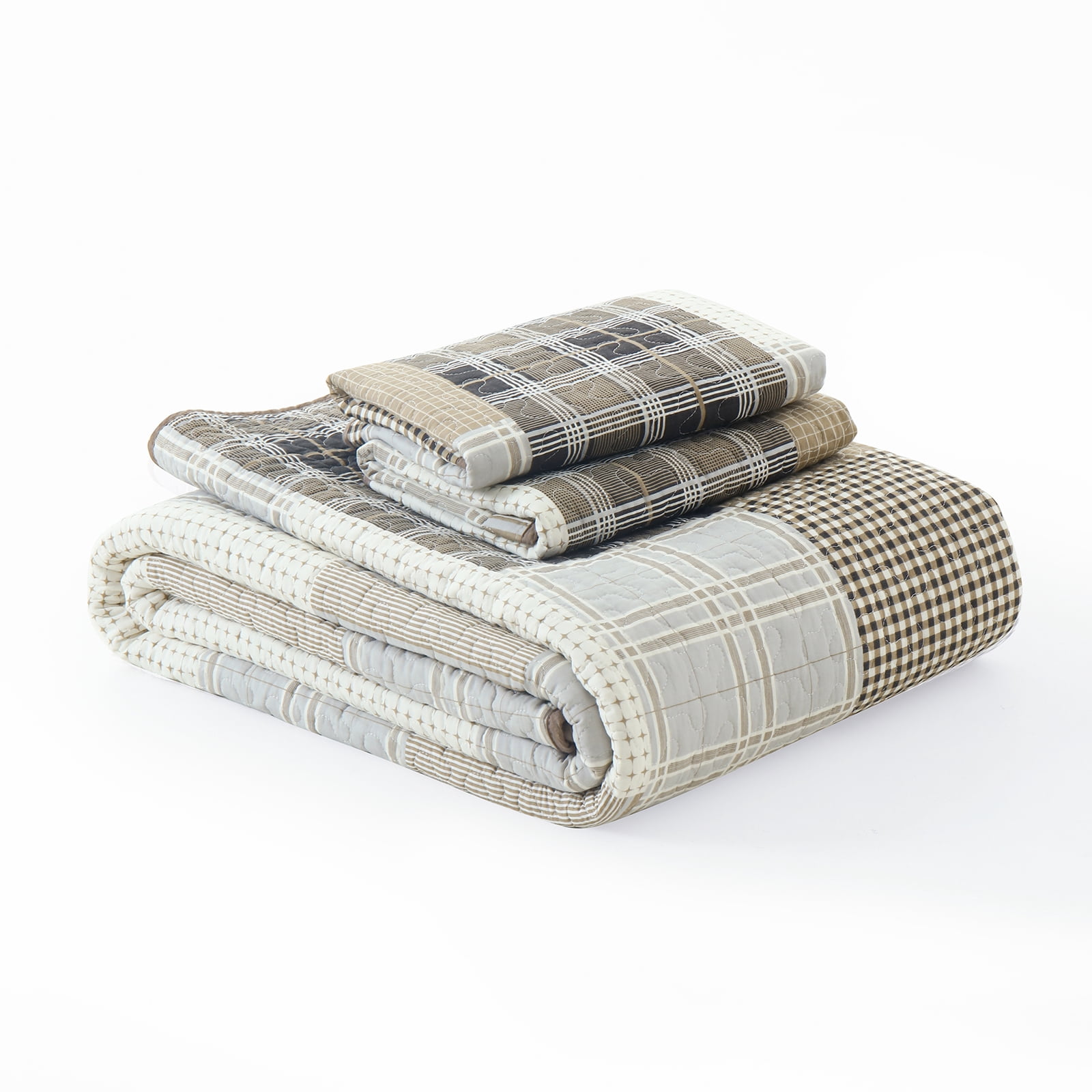 PANGUSHAN Farmhouse Patchwork 3 -Piece Cream/Beige/Gray Bedding Sets, Queen
