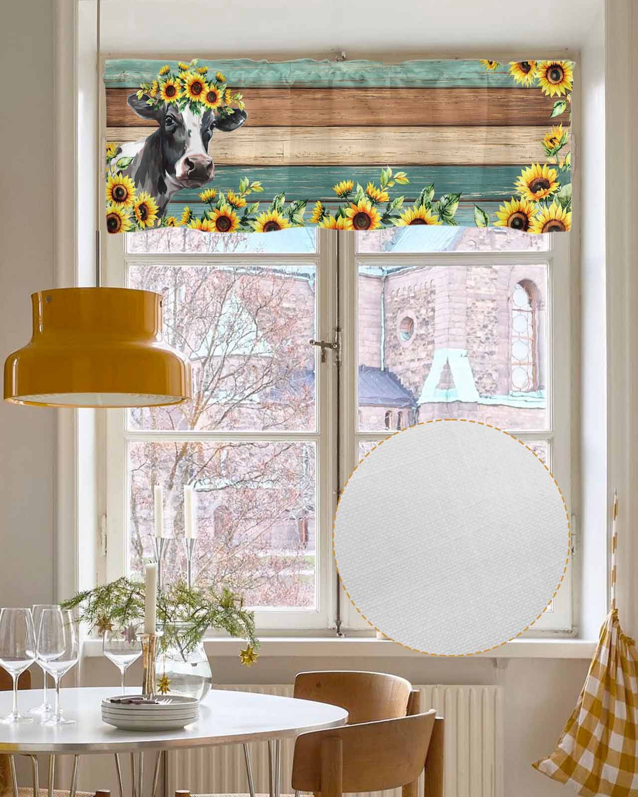 Sunflower Cow Kitchen Valances for Windows Farmhouse Linen Window Valance Curtain for Living Room Window Treatment Rustic Teal Brown Farmhouse Wood Grain Valance Rod Pocket Topper Drape, 60 x 18 Inch