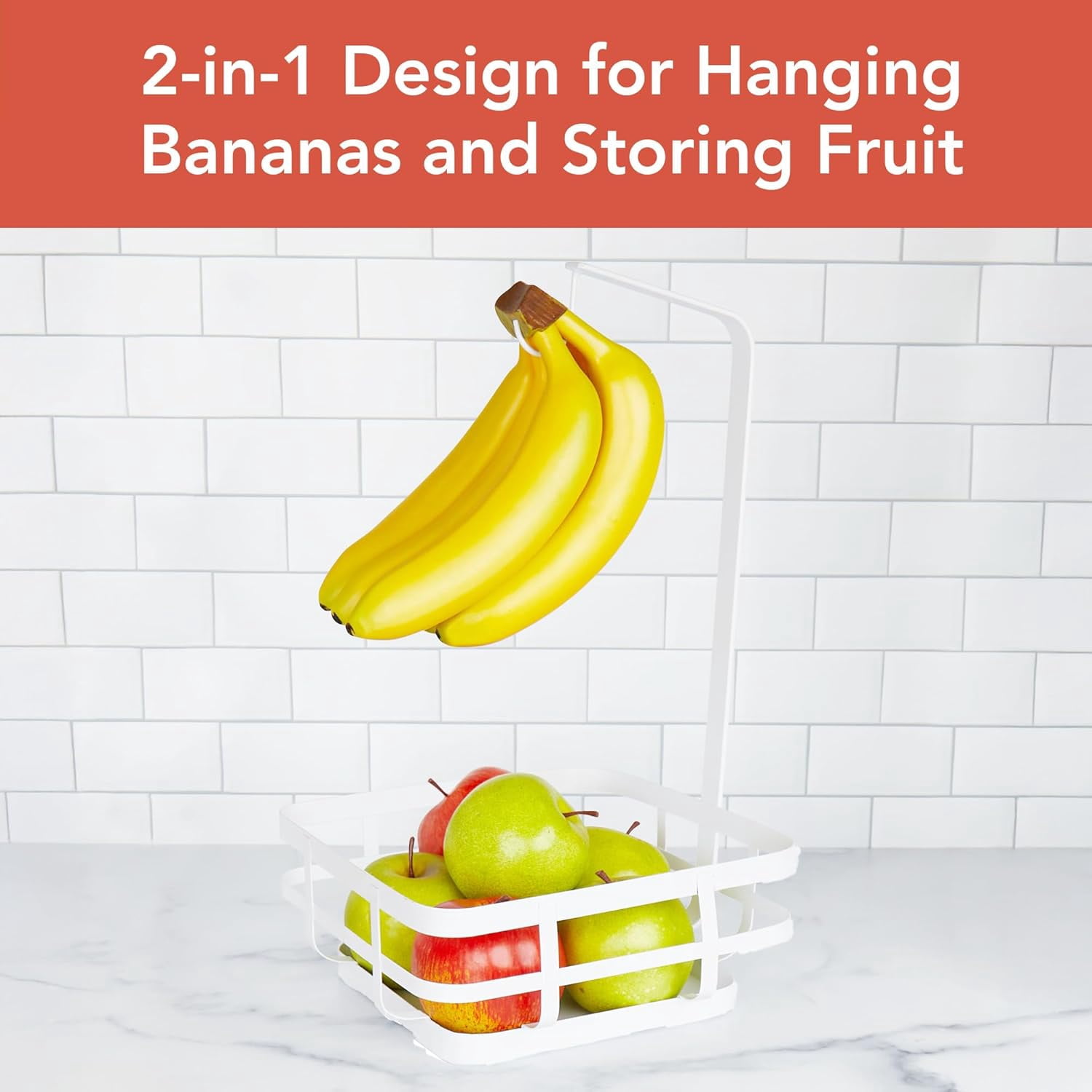 Spectrum Fruit Basket with Banana Hanger White, Modern Steel Wire Storage for Kitchen Counter, Scandinavian Fruit and Vegetable Basket with Banana Hook, Space Saving Kitchen Countertop Storage