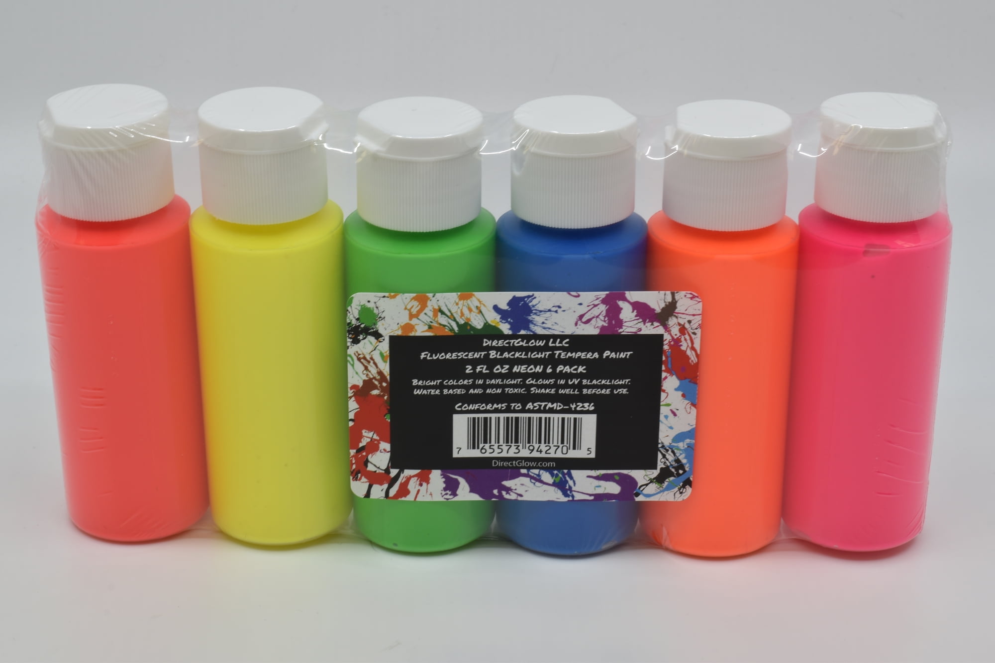 DirectGlow UV Blacklight Reactive Fluorescent Tempera Party Paint (6 Color Assortment, 2 Ounce Bottles)