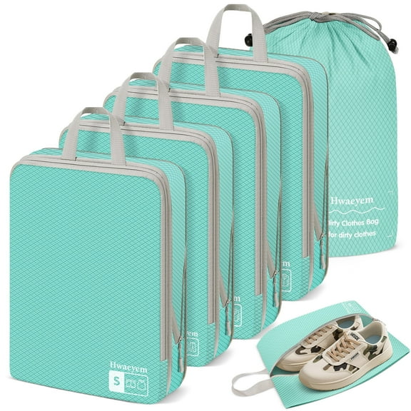 Compression Packing Cubes 6 Set, Dual Zipper Compression Packing Cubes for Travel, Space-Saving Packing Bags for Suitcases, packing cubes with shoe bag