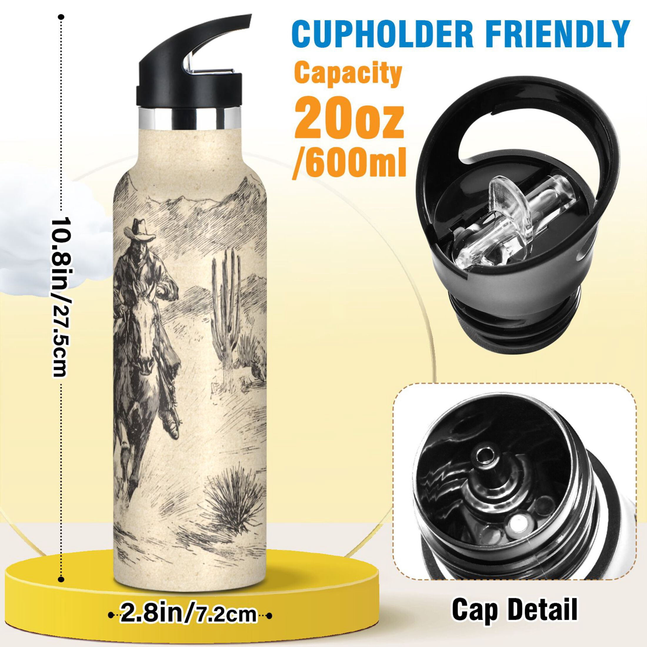 Kids Insulated Stainless Steel Sports Water Bottle 600ml Vintage Cowboy Illustration