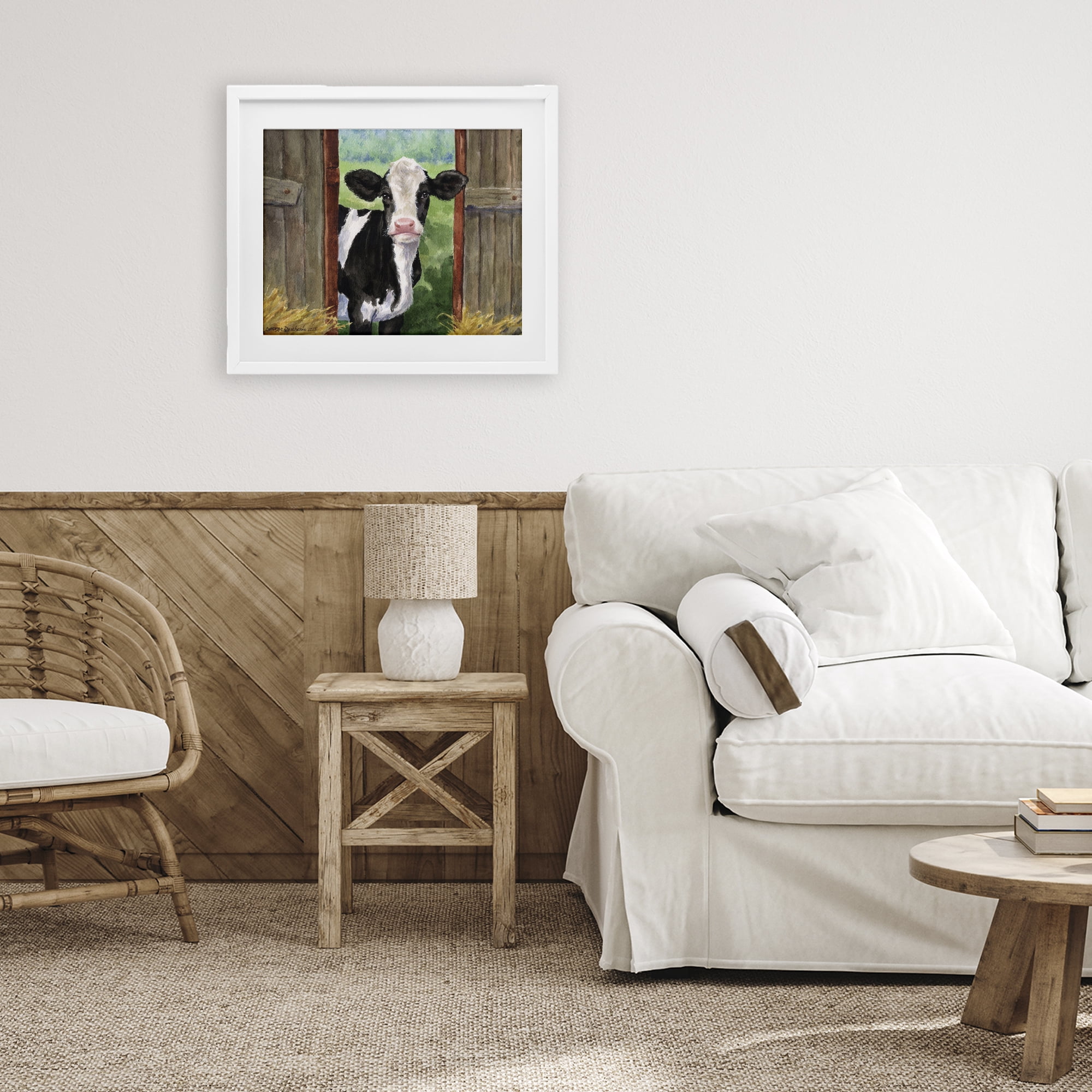 Stupell Industries Cow in Wooden Gate White Framed Print Under Glass, design by George Dyachenko