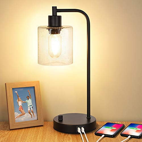 Industrial Table Lamp With 2 Usb Ports Fully Stepless Dimmable Vintage Nightstand Desk Lamp Seeded Glass Shade Bedside Reading Lamp For Bedroom Living Room Office 6w 2700k Led Edison Bul Walmart Com