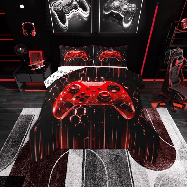 Erosebridal Ensemble de Couette Grand Néon Rouge avec Manette de Jeu, Couette en Duvet à Lignes Dégradées, Décor pour Chambre de Gamer, Réversible 3 Pcs