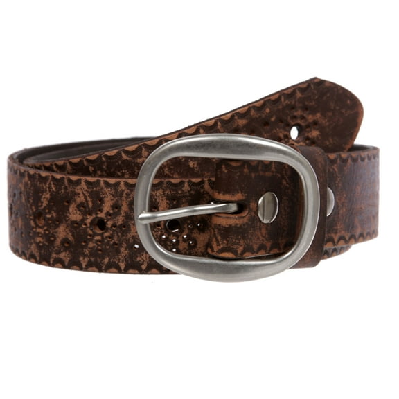 Snap on Flower Embossed Vintage Full Grain Oval Leather Jean Belt