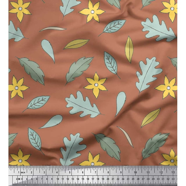 Soimoi Brown Poly Georgette Fabric Leaf Floral Print Sewing Fabric Yard 42 Inch Wide