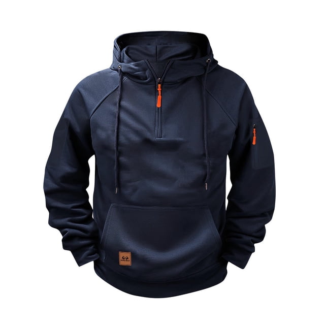 Ceisia Men's Solid Color Raglan Half-Zip Multi-Pocket Hooded Sweatshirt Navy L Gifts