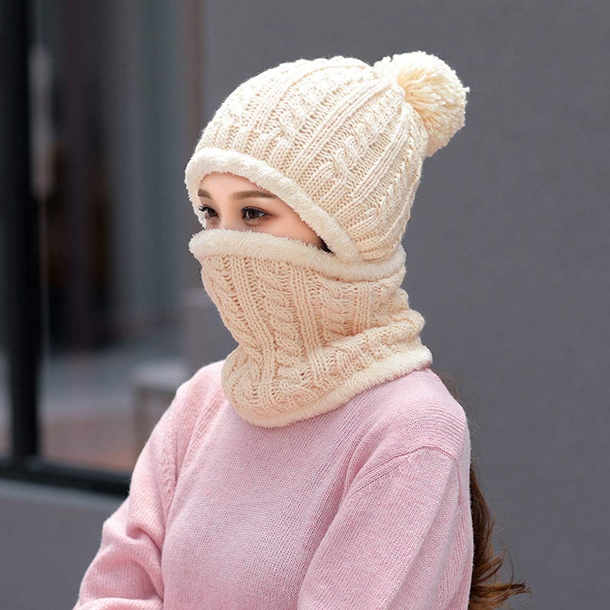 YooGuoGuo Women Winter Beanie Hats One Piece Fleece Lined Knit Balaclavas Mask Set Skull Neck Circle Scarf Ski Snow Hat Pompom
