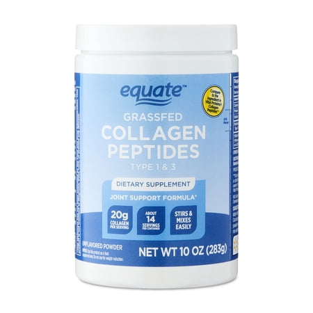 Equate Grass Fed Hydrolyzed Bovin Collagen Peptides Type 1 & 3 Dietary Supplement  Powder Form  Unflavored  10 oz