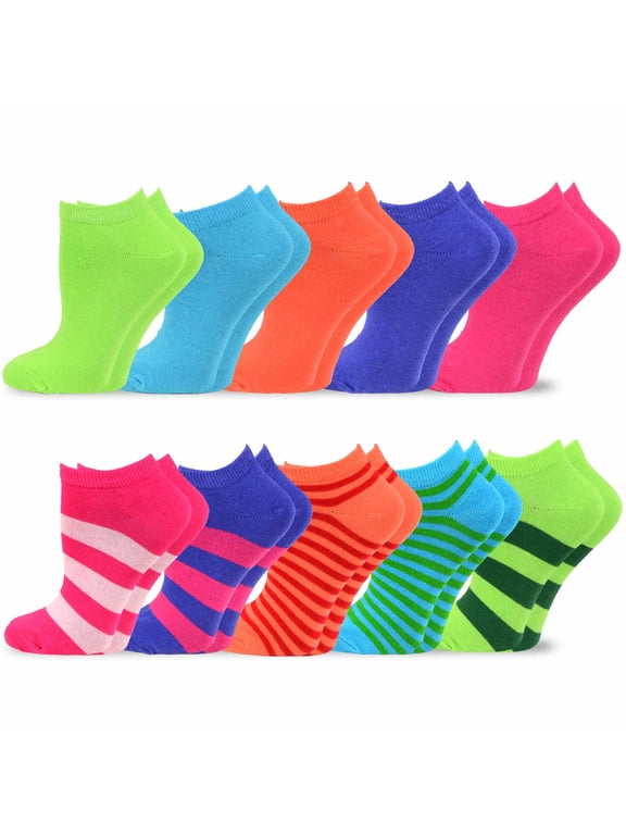 TeeHee Women's Valued 9+1 Pack Fashion No Show Cotton Socks (Multi Stripes,Solid Color)