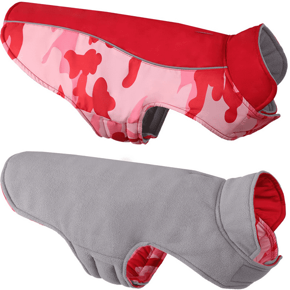 QBLEEV Reversible Dog Coat,Windproof Cozy Dog Cold Weather Apparel Fleece Lined Winter Warm Dog Jacket Dog Vest for Small Medium and Large Dogs,Reflective Dog Camo Clothes with Leash Hole