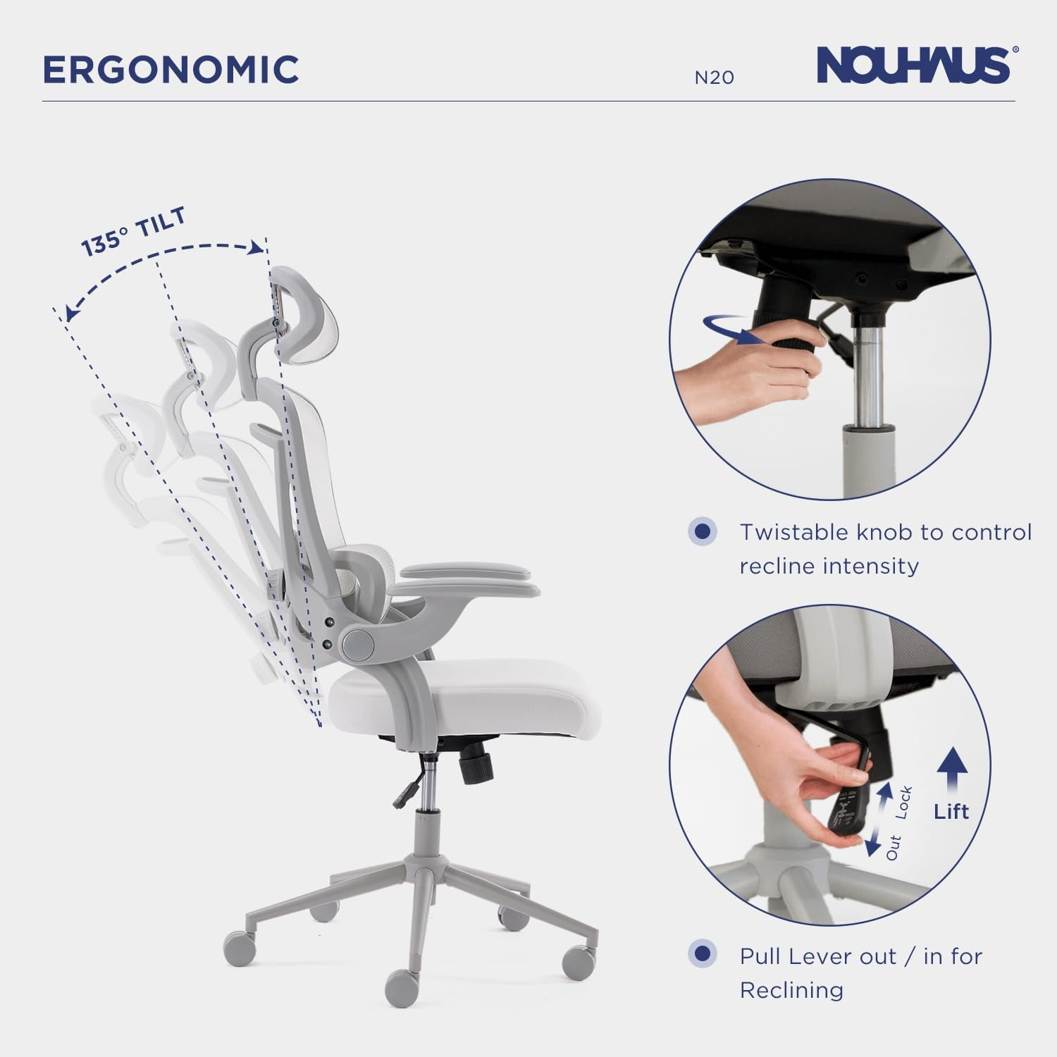 Nouhaus Ergo Fit High Back Ergonomic Mesh Office Chair with Adjustable Lumbar Support for Home Office & Study Room, White