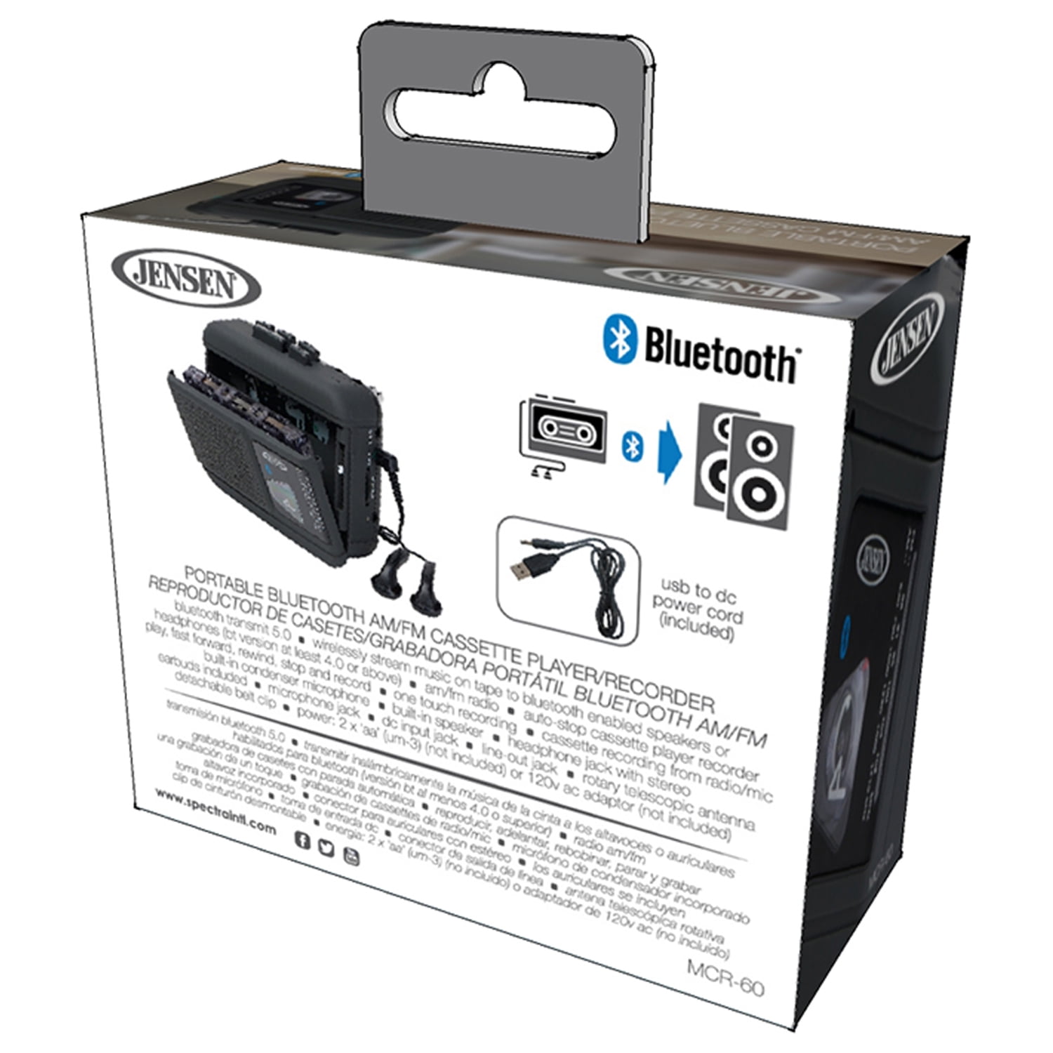 JENSEN Portable Bluetooth Personal Cassette Player/Recorder with Built-in Speakers, AM/FM Radio, Line Output, and Earbuds